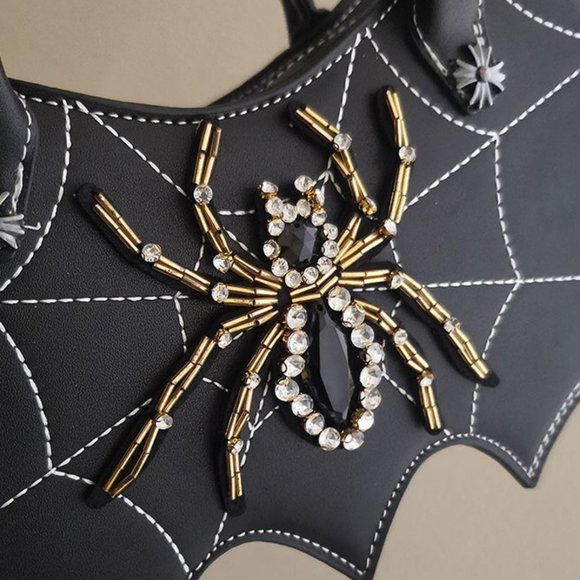 Spider Rhinestones Leather Shoulder Bag Handbag | Halloween Cosplay Gothic Style - Picture 4 of 6
